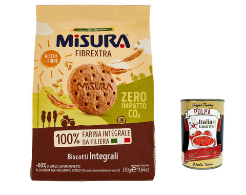12x Misura Biscotti Integrali Fibrextra Vollkornkekse, 100 % Vollkornmehl, Reich an Ballaststoffen, biscuits cookies 330g + Italian Gourmet polpa 400g