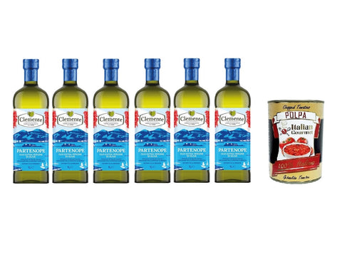 Clemente Partenope Kaltgepresstes natives Olivenöl extra – Cuvée aus europäischen Olivenölen – Hergestellt in Italien (6 x 1 l) + Italienisches Gourmet-Tomatenfruchtfleisch (400 g)