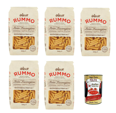 Rummo Maccheroncelli N° 7 Pasta Lenta Lavorazione Teigwaren aus Hartweizengrieß Bronze-Zeichnung 5x 500g + Italian Gourmet polpa 400g