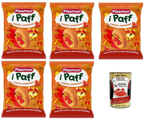 Plasmon Snack i Paff Karotten und Tomaten, 15 g, 5 Packungen. Snacks, nicht frittiert und ohne Salzzusatz, perfekt für die kleinen Hände Ihres Kindes + Italian Gourmet polpa 400g