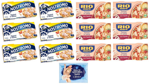 12er-Pack Testpaket Rio Mare Thunfisch und Zwiebeln + Nostromo Thunfisch und Bohnen Fertiggericht, 2x150g + 1er-Pack Kostenlos Felce Azzurra Talkumpuder, 100g-Beutel