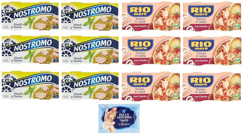 12er-Pack Testpaket Rio Mare Thunfisch und Zwiebeln + Nostromo Thunfisch und Erbsen Fertiggericht, 2x150g + 1er-Pack Kostenlos Felce Azzurra Talkumpuder, 100g-Beutel