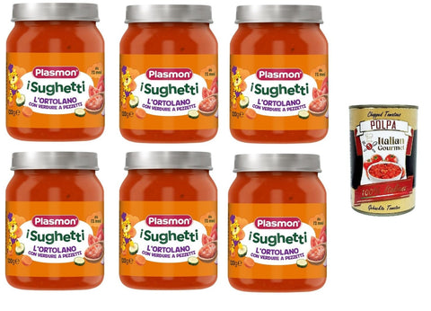 Plasmon I Sughetti L'Ortolano con verdure a pezzetti I Sughetti L'Ortolano mit gehacktem Gemüse 6x120gr+ Italian Gourmet Polpa di Pomodoro 400g