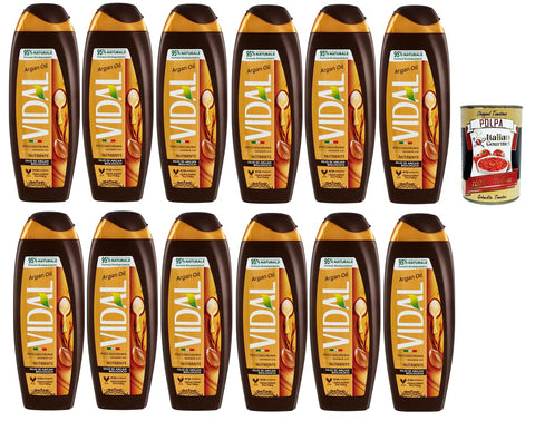 Vidal Docciaschiuma olio di argan vellutante 12x 250ml, Arganöl Duschgel Flüssigpuder Pflege und Reinigung des Körpers + Italian Gourmet polpa 400g