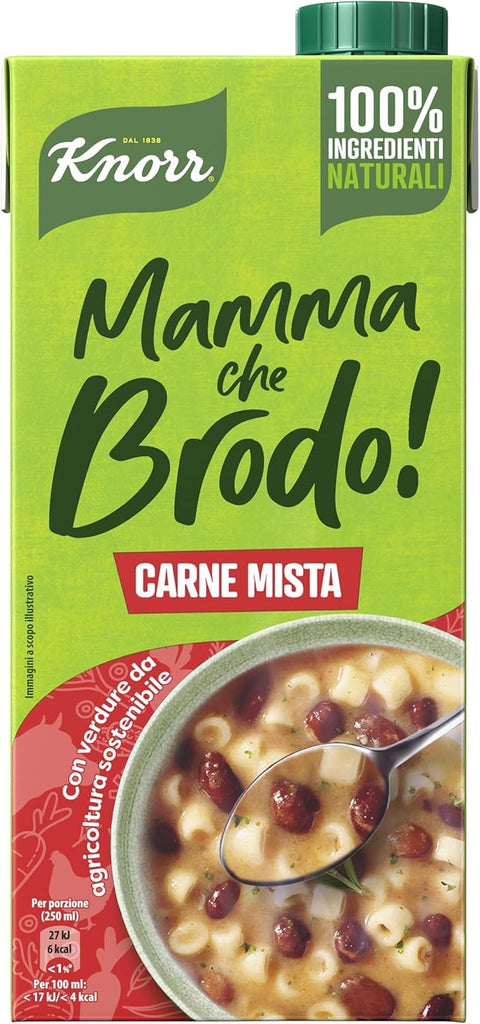 MHD 10/2026 Knorr Mamma Che Brodo! Carne mista Gemischte Fleisch Fertigbrühe mit 100% natürlichen Zutaten und Gemüse aus nachhaltiger Landwirtschaft, gluten und laktosefrei, 1 LT italienisch Original