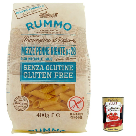 10x Rummo Pasta Mezze Penne rigate n. 28 senza Glutine, gluten free, 100% italienische Pasta nudeln glutenfrei 400g + Italian Gourmet polpa 400g