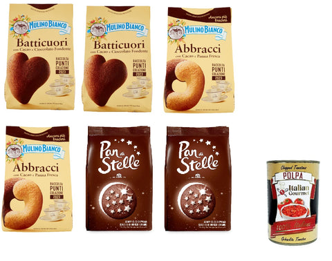Testpaket Mulino Bianco Batticuori Pan di stelle Abbracci Cocoa Shortbread Kekse mit Kakao, 6x 350g + Italian gourmet polpa 400g