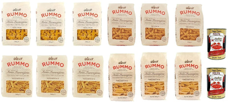 Testpaket Rummo Pasta mista Farfalle Penne rigate Fusilli Hartweizengrieß Pasta Italienische Nudeln 12x 500g Packung + 2x Italian Gourmet Polpa di Pomodoro 400g Dose