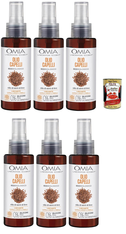 Omia, Olio Capelli Eco Bio con Olio di Semi di Lino, Haaröl mit Flachssamenöl, Für kraus und rebellische Haare, glatte und disziplinierende Aktion ohne Silikone, 6x 100 ml + Italian Gourmet polpa 400g