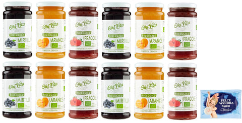 12er-Pack Testpaket Ohi Vita Marmelade Orangen - Erdbeeren - Blaubeeren,Cremiges Fruchtkompott,250g Glas + 1er-Pack Kostenlos Felce Azzurra Talkumpuder, 100g-Beutel