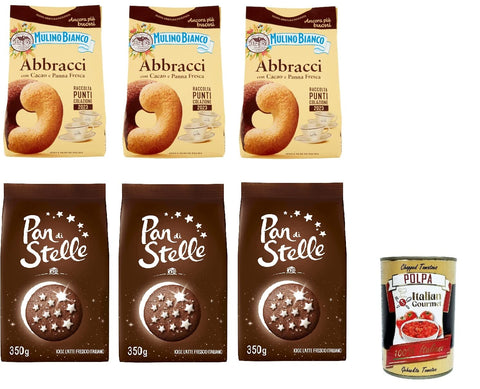 Testpaket Mulino Bianco Abbracci und Pan di stelle Shortbread-Kekse mit Kakao und frischer Sahne, ohne Palmöl, geschmacksintensives Frühstück 6x 350 g + Italian gourmet polpa 400g