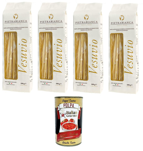 Pietrabianca, Pasta di Semola Artigianale trafilata al bronzo handgefertigte, aus Bronze gezogene Grießnudeln „Spaghetti“ 4x500gr + Italian Gourmet polpa 400g