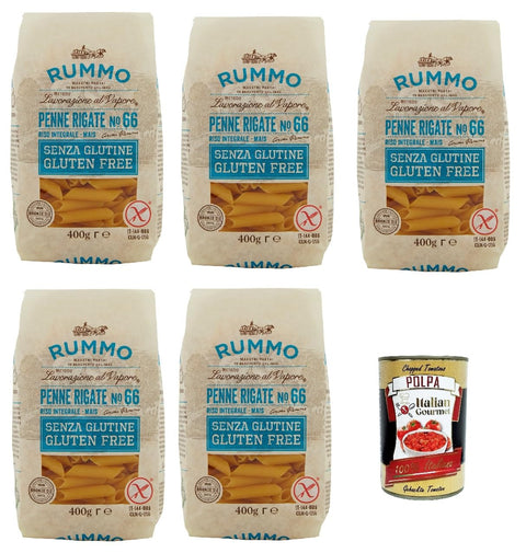 Rummo Pasta Penne Rigate N° 66 senza Glutine, gluten free, 100% italienische Pasta nudeln glutenfrei 5x 400g + Italian Gourmet polpa 400g
