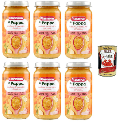 Plasmon La Pappa Verdure, Prosciutto e Pastina la Pappa Gemüse, Schinken und Pastina 6x200 g+ Italian Gourmet Polpa di Pomodoro 400g