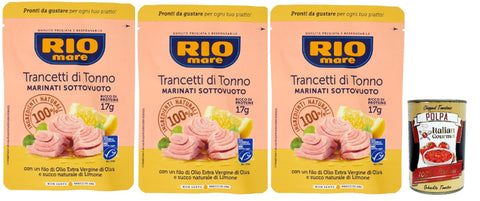 Rio Mare Trancetto Di Tonno e succo di limone, Thunfischstücke mit nativem Olivenöl extra un Zitronensaft 3x 70g + Italian Gourmet polpa 400g
