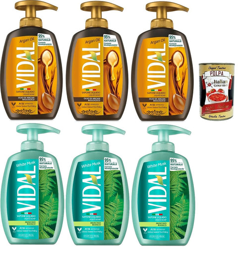 Vidal - Sapone Liquido, Testpaket Olio di Argan e Muschio Bianco, Flüssigseife, Arganöl und weißes Moos, 3x 300 ml + Italian Gourmet polpa 400g