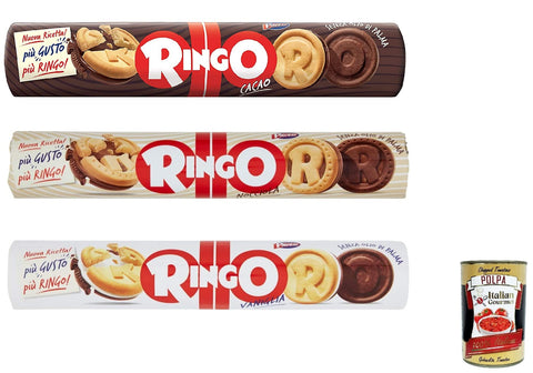 Pavesi Testpaket Ringo Kekse kekse mit Vanilla, Kakao und Haselnuss 12x 165 g cookies italien biscuits snack + Italian gourmet polpa 400g