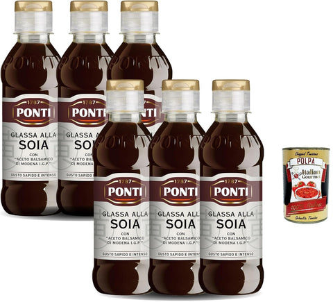 Ponti, Soja -Glasur mit Balsamico -Essig von Modena I.G.P., ideal für alle Rezepte, herzhafter und intensiver Geschmack, 100% in Italien, 6x 240 g Set + Italian Gourmet polpa 400g