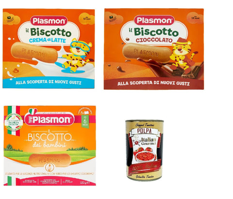 Plasmon Testpaket Biscotto classico, cioccolato e crema al latte 12m+ 3x 320 g + Italian Gourmet polpa 400g