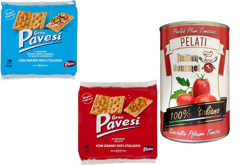 TESTPAKET Barilla Pavesi Crackers 1x Gran Pavesi Cracker Salati - gesalzen 560g 1x Gran Pavesi Crackers ungesalzen 560g ( 2 x 560g ) + 1x Italian Gourmet 100% italienische geschälte Tomaten dosen 400g