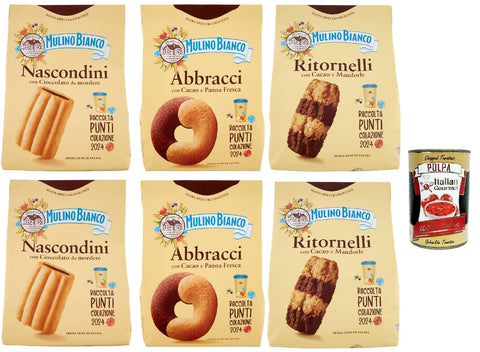 Mulino Bianco Testpaket, Nascondini Abbracci Ritornelli, Biscotti con Cioccolato, Kekse mit Schokolade, cookies biscuits, 2x 600 g 4x 700g + Italian Gourmet polpa 400g