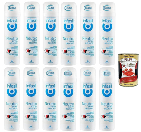 Infasil Deodorant-Spray, neutral, extra sanft, fleckenabweisende Formel ohne Aluminiumsalze, wirksam bis zu 24 Stunden, 12x 150 ml + Italian Gourmet polpa 400g