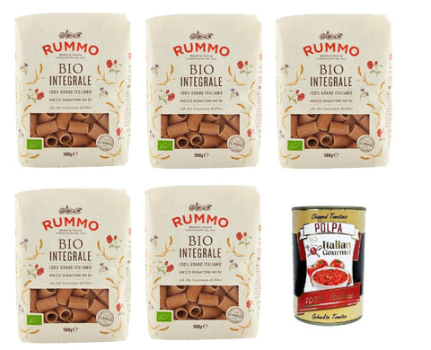 Rummo Pasta Integrale Mezzi Rigatoni N° 51, Vollkornnudeln Nudeln Vollkorn Italienische Pasta 5x 500g + Italian Gourmet polpa 400g