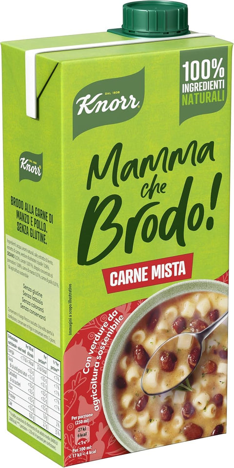 MHD 10/2026 Knorr Mamma Che Brodo! Carne mista Gemischte Fleisch Fertigbrühe mit 100% natürlichen Zutaten und Gemüse aus nachhaltiger Landwirtschaft, gluten und laktosefrei, 1 LT italienisch Original