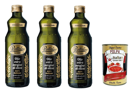 Pantaleo Olio extra vergine di oliva 100% italiano, 100% italienisch extra nativ Olivenöl 3x 750ml + Italian Gourmet plpa 400g