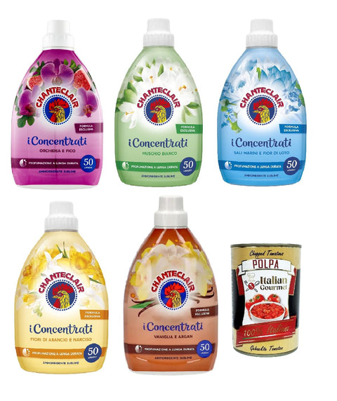 Testpaket CHANTECLAIR i Concentrati Ammorbidente, Weichspüler 5x 1000ml lang anhaltender Duft 50 Wäschen Waschmittel + Itlaian Gourmet polpa 400g