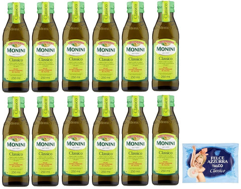 12er-Pack Monini CLASSICO Natives Olivenöl Extra,Olio Extra Vergine di Oliva,250ml Glasflaschen + 1er-Pack Kostenlos Felce Azzurra Talkumpuder, 100g-Beutel