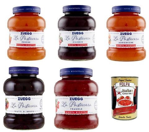 Zuegg La Pasticceria Testpaket , Marmelade Konfitüre Brotaufstriche Italien 5x 700 g + Italian Gourmet polpa 400g