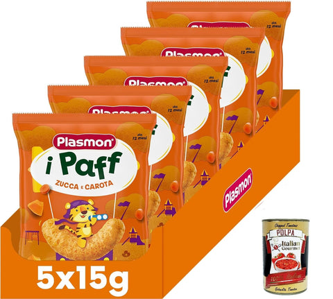 Plasmon Snack i Paff Zucca e Carote 5x 15gr Snack non fritti e senza sale aggiunto + Italian Gourmet polpa 400g