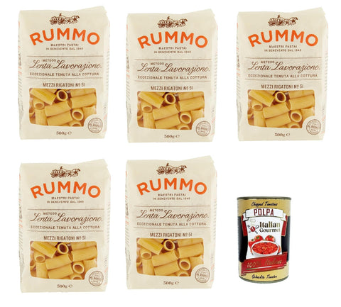 Rummo Mezzi Rigatoni N. 51, Pasta Lenta Lavorazione Teigwaren aus Hartweizengrieß Bronze-Zeichnung 5x 500g + Italian Gourmet polpa 400g