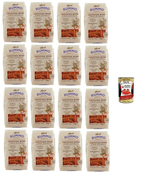 Rummo Maccheroncelli N°7 Glutenfreie Pasta aus roten Linsen und braunem Reis. 16 x 300 g + Italian Gourmet polpa 400g