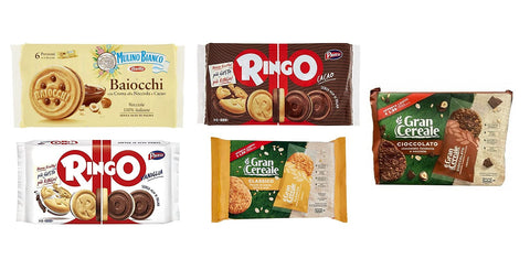 Testpaket Kekse Pavesi Ringo Kakao ( 6 x 55g ) + Ringo Vanille ( 6 x 55g ) + Mulino Bianco Baiocchi ( 6x 56g ) + Gran Cereale Classico ( 6 x 40g ) + Gran Cereale Cioccolato ( 6 x 36g )