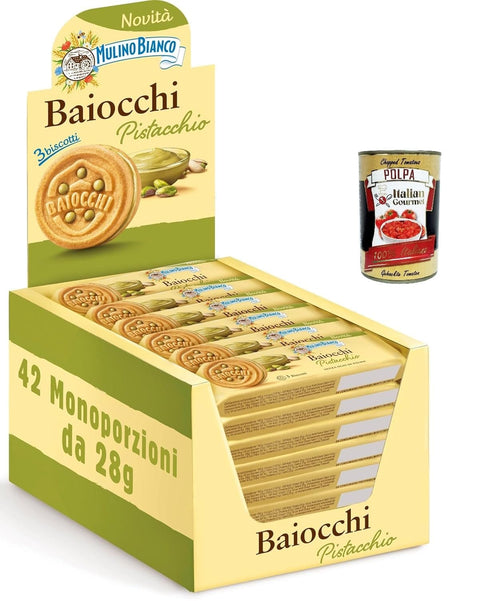 Mulino Bianco Baiocchi mit Pistazien, Keksen mit Pistazien, ideal zum Frühstück oder Snack, ohne Palmöl, Packung von 42 einzelnen Portionen von 28G + Italian Gourmet polpa 400g
