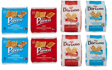 Testpaket Cracker Pavesi mit Salzkörnern ( 2 x 560g ) + Pavesi ohne Salzkörner ( 2 x 560g ) + Doria mit Jodsalz ( 2 x 700g ) + Doria mit reduziertem Salzgehalt ( 2 x 700g )
