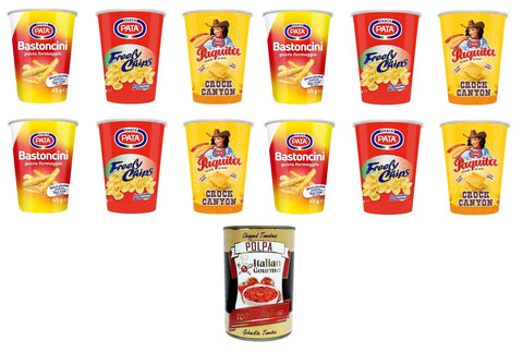 Pata Testpaket Sticks mit Käsegeschmack, Paquita Crock Canyon, Freely Chips 4x35g 4x45g 4x55g + Italian Gourmet Polpa 400g
