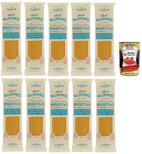 Rummo Pasta Nudeln Glutenfreie Spaghetti, Bronze Gezeichnete gluteinfrei, perfekt für Menschen mit Zöliakie oder Glutenunverträglichkeit, 10x 400 g + Italian Gourmet polpa 400g