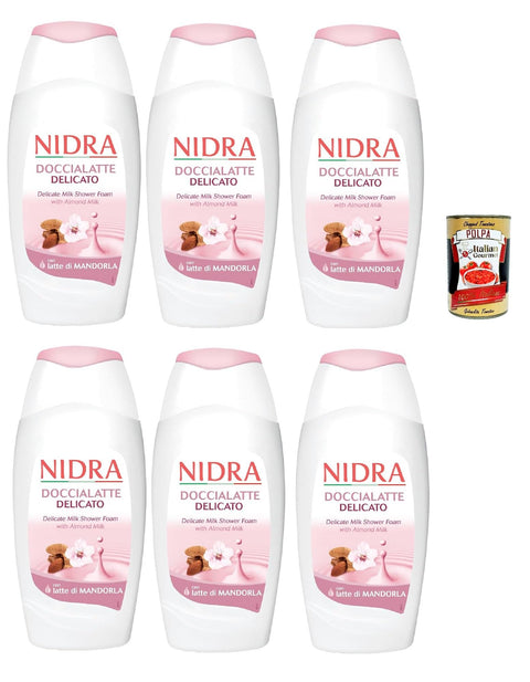 Nidra Doccialatte Delicato Duschgel Hilft, die Haut mit Feuchtigkeit zu versorgen und zu reinigen mit Milchproteine und Mandelmilch 6x 250ml + Italian Gourmet polpa 400g