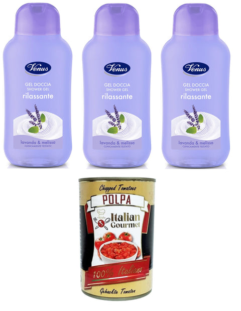 Venus Docciagel Rilassante Lavanda e Melissa Entspannendes Duschgel Lavendel und Melisse 3 x 250 ml+ Italian Gourmet polpa 400g