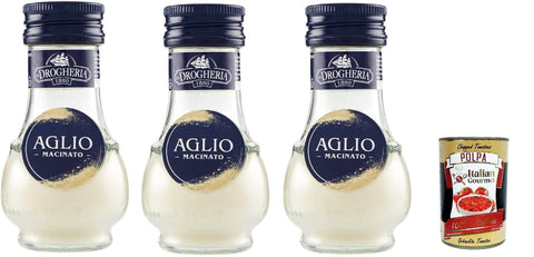 La Drogheria, Aglio Macinato, Gemahlener Knoblauch, scharfes Aroma, Geschmack für erste Kurse, sautiert und Saucen, 3x 35 Gr + Italian Gourmet polpa 400g