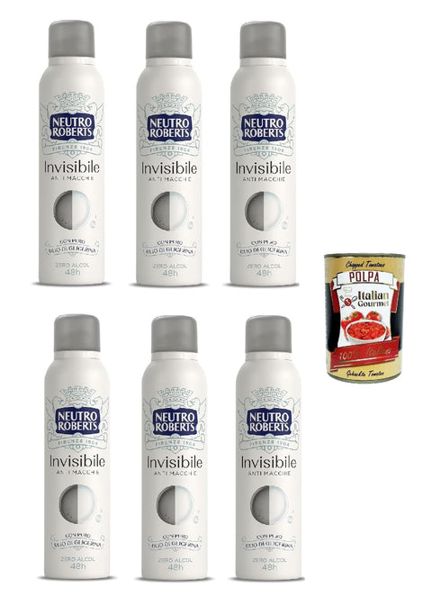 Neutro Roberts, Invisible Deodorant Spray, Zero Alkohol, keine Flecken, mit reinem Glycerinöl, Deodorant für Damen und Herren, dermatologisch getestet, 6x 150 ml, 48h + Italian Gourmet polpa 400g