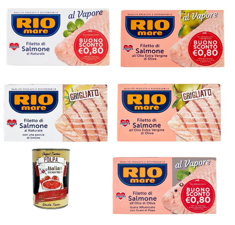 Testpaket Rio mare Lachsfilet, gedämpft, reich an Omega 3, 5x 125 g + Italian Gourmet polpa 400g