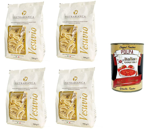 Pietrabianca, Pasta di Semola Artigianale trafilata al bronzo handgefertigte, aus Bronze gezogene Grießnudeln „Casarecce“ 4x500gr + Italian Gourmet polpa 400g