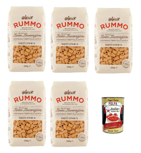Rummo Tubetti zita n° 31 Pasta Lenta Lavorazione Teigwaren aus Hartweizengrieß Bronze-Zeichnung 5x 500g + Italian Gourmet polpa 400g