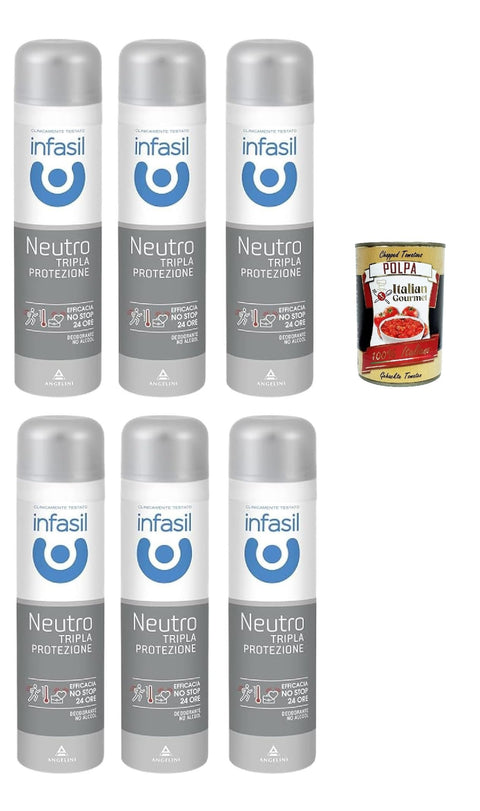 Infasil Deodorant-Spray Neutral Dreifach-Schutz, Schutz und Wirksamkeit gegen Schweiß und schlechte Gerüche, Deo 6x 150 ml + Italian Gourmet polpa 400g