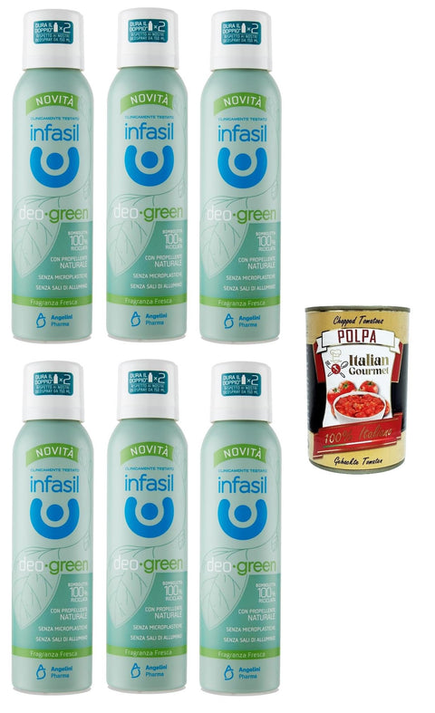 Infasil deodorant, deo-green fragranza fresca,Ohne Mikroplastik und Aluminiumsalze,100% recycelte Dose 6x 125 ml + Italian Gourmet polpa 400g