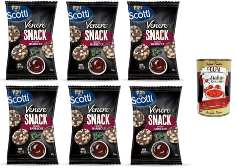 Scotti Rice Snack Venere Barbecue, brauner Reis, knuspriger und leckerer, nicht frittierter Snack für Pausen und Aperitifs, glutenfrei, 100% pflanzlich, 6x 50 g+ Italian Gourmet polpa 400g